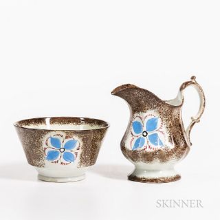 Two Brown Spatterware "Open Tulip" Pattern Teaware Pieces, England, 19th century, the pearlware paneled cream pitcher and footed bowl w
