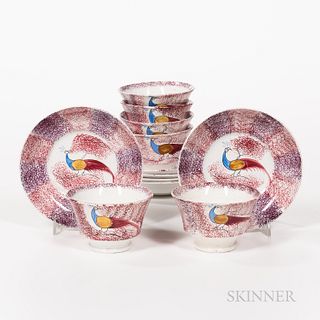 Set of Six Magenta and Purple Rainbow Spatterware Teacups and Saucers with Peafowl, England, 19th century, the pearlware cups and sauce
