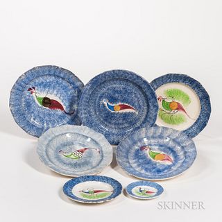 Seven Blue Spatterware "Peafowl" Pattern Plates, England, 19th century, some with allover blue, some with green "grounds," and peafowl