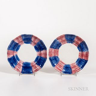 Pair of Red and Blue Rainbow Spatterware Plates, England, 19th century, paneled rims with beaded edge and alternating stripes of red an