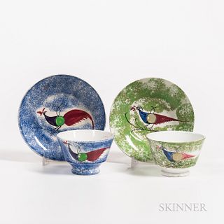 Two Spatterware "Peafowl" Pattern Cups and Saucers, England, 19th century, sets in green and blue, each with allover spatter, (blue cup
