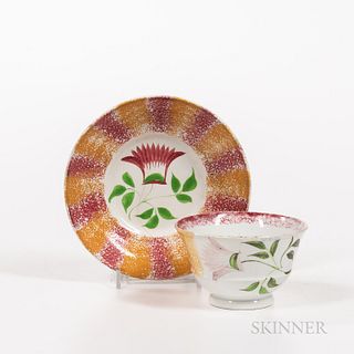 Red and Yellow Rainbow Spatterware "Thistle" Pattern Teacup and Saucer, England, 19th century, with alternating stripes of red and yell