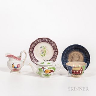 Four Pieces of Spatterware, England, 19th century, including a miniature green spatterware teapot with peafowl, a red spatterware cream