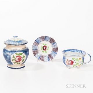 Three Pieces of Spatterware, England, 19th century, including a large blue spatter sugar bowl with mismatched cover in "Adam's Rose," a