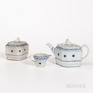 Pearlware Tea and Coffee Service, England, early 19th century, the teapot and covered sugar of elongated octagonal form, with underglaz