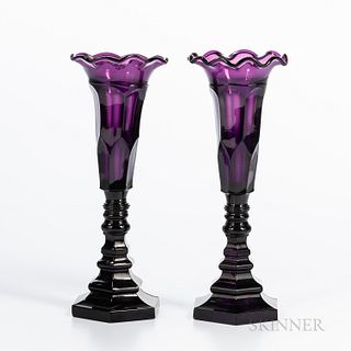Pair of Blown and Molded Amethyst Glass Vases, Boston & Sandwich Glass Company, Sandwich, Massachusetts, c. 1840-60, ht. 11 3/4 in.Prov