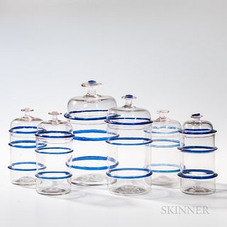 Six Blown Glass Food Jars, America, early 19th century, domed tops with knobs, cylindrical bodies with applied cobalt blue glass rings,