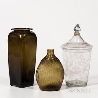 Small Group of Early Blown Glass, late 18th/early 19th century, including a colorless flip glass and cover etched with lovebirds, a lig