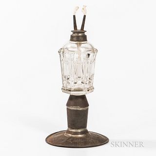 Tin and Glass Make-do Whale Oil Lamp, America, 19th century, with double burner, flint glass lyre-decorated font, and sheet iron base,