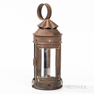 Tin and Glass Candle Lantern, 19th century, cylindrical form with loop hanger, fluted vent, hinged door with two glass panels, and four
