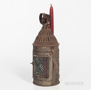 Pierced Tin and Glass Lantern, 19th century, the round body with pierced decoration, door with rectangular window, pierced conical top