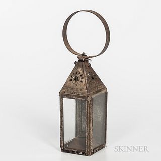Small Tin and Glass Whale Oil Lantern, mid-19th century, the square body with three windows and sliding tin door, the top with pierced