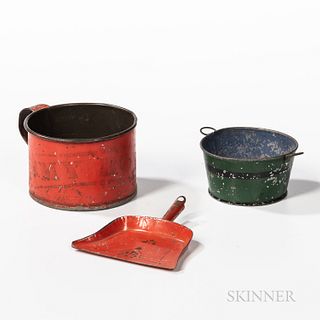 Red-painted Tin Cup "My Boy," sold with a miniature red tin dustpan and a miniature green-painted tin tub with blue interior, three ite