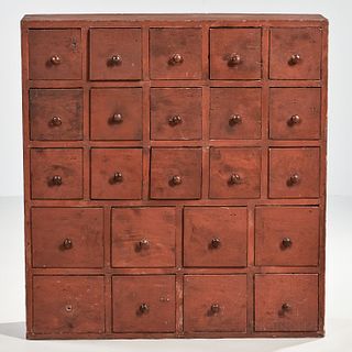 Shaker Red-painted Case of Twenty-three Drawers, attributed to the workshop of George Wilcox, Enfield, Connecticut, mid-19th century, t