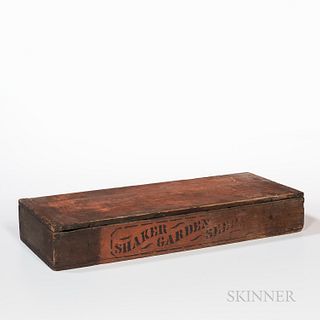"Shaker Garden Seeds" Box, Union Village, Ohio, painted red with stenciled lettering (paint wear), ht. 4, wd. 27, dp. 11 in. Provenance