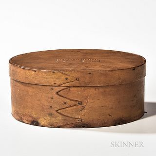 Shaker Carved and Painted Oval Box, probably Enfield, mid-19th century, with three swallowtails on base, carved on top "JIS" for Jersis