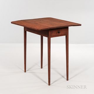 Small Shaker Red-stained Drop-leaf Table, Enfield, Connecticut, c. 1840, the top with rounded leaves on square tapering legs joined by