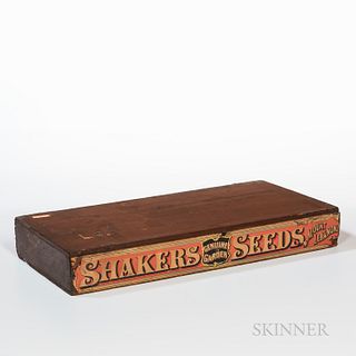 Shaker Seed Box, with paper exterior label of Mount Lebanon Shakers, red-brown paint, ht. 3 1/4, wd. 23 1/2, dp. 12 in. Provenance: The