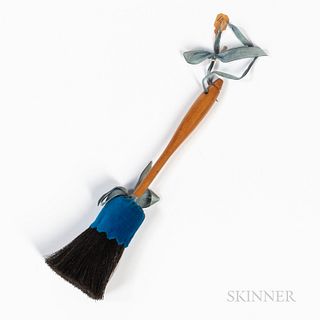 Shaker Brush, with turned maple handle, blue ribbon, velvet-wrapped horsehair bristles, lg. 9 1/2 in.  Provenance: The Shaker Collectio