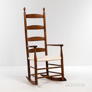 Shaker Figured Maple Armed Rocking Chair, New Lebanon, New York, c. 1850, refinished, (repair to stiles), ht. 45 3/4, seat ht. 16 in. P