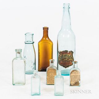 Group of Embossed and Labelled Bottles, including small embossed "Shaker Pickles" bottle, amber "Shaker Hair Restorer" bottle, two smal