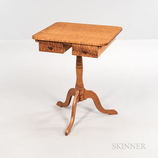 Reproduction Shaker Tiger Maple Two-drawer Stand, Timothy Rieman, 1981, the top with ovolo corners above two undermounted drawers, turn