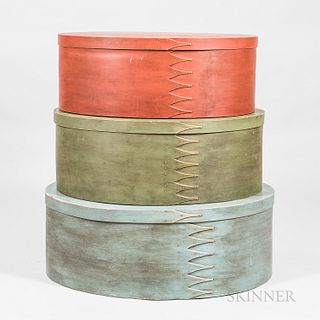 Three Oversize Reproduction Shaker Oval Boxes, late 20th century, painted red, green, and blue, respectively, (imperfections), largest