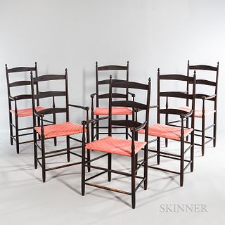 Set of Six Shaker "No. 5" Production Armchairs, Mt. Lebanon, New York, c. 1910, of typical form, the shaped arms with convex projecting
