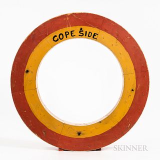Circular Pattern Red- and Yellow-painted "Cope Side," early 20th century, the pattern of laminated wood, old paint, (wear to edges), di
