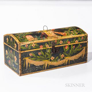 Large Paint-decorated Dome-top Box, Northern Europe, 19th century, the top painted with French and American flags issuing from a plinth