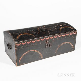 Paint-decorated Dome-top Box, Worcester County, Massachusetts, early 19th century, painted black with red and yellow leafy arches and s