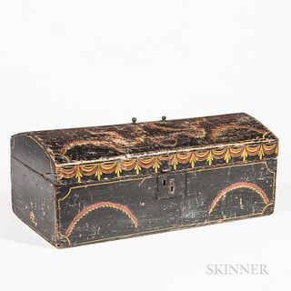 Paint-decorated Dome-top Box, Worcester County, Massachusetts, early 19th century, painted black with red and yellow leafy arches, serp