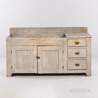 Large Gray-blue Painted Dry Sink, possibly Pennsylvania, c. 1900, the rounded backsplash above the sink and two hinged doors below, wit