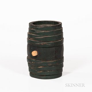 Green/Blue-painted Barrel-form Canteen, 19th century, with bent staves and eight lapped hoops, with central bung hole, old paint, ht. 9