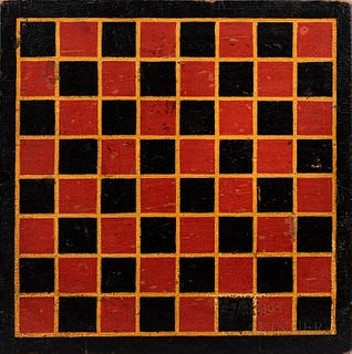 Black- and Red-painted Checkerboard, late 19th century, the laminated board with black border surrounding a red and black playing surfa