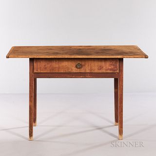 Chippendale Red-painted Pine Tavern Table, New England, c. 1790-1800, the overhanging breadboard-ended top on square tapering legs join