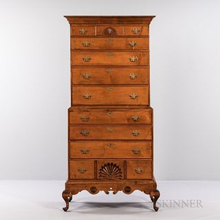Carved Maple Chest-on-chest on Frame, attributed to Major John Dunlap, New Hampshire, late 18th century, the molded cornice above an up