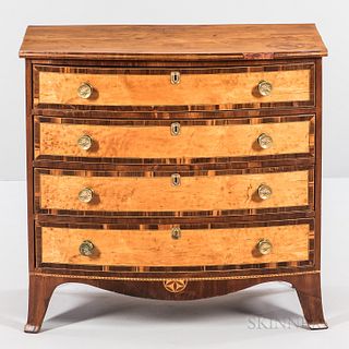 Federal Inlaid Birch Swell-front Bureau, probably Concord, New Hampshire, c. 1805-10, the case of crossbanded and inlaid drawers of bir