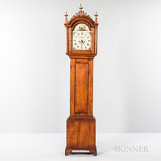 Maple Tall Case Clock, New Hampshire, early 19th century, the painted iron dial with a bird in the arch, seconds hand and date indicato