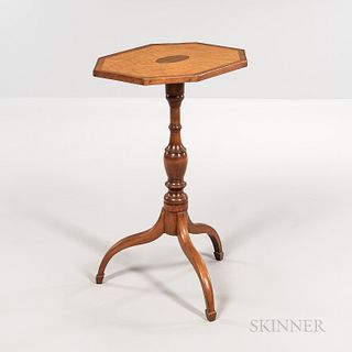 Federal Inlaid Cherry Tilt-top Candlestand, possibly New Hampshire, c. 1800-10, the octagonal inlaid and beaded top centering an oval,