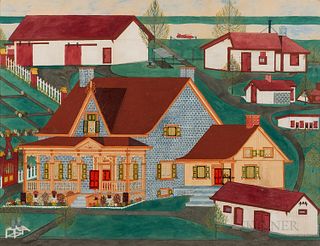 American/Canadian School, Late 19th/Early 20th Century, Portrait of a Blue Victorian Farmhouse and Barns, Unsigned., Condition: Minor t