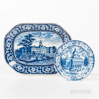 Two Historical Blue Transfer-decorated Staffordshire Items, England, 19th century, an "Alms House" platter and a "Boston State House" d