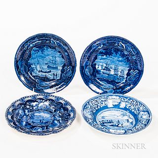 Four Staffordshire Historical Blue Transfer-decorated Plates, England, 19th century, including dinner plates of "MacDonnough's Victory,
