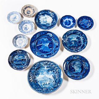Eleven Small Blue Transfer-decorated Staffordshire Plates, England, 19th century, including a small plate "Vesuvius," "Trenton Falls" i