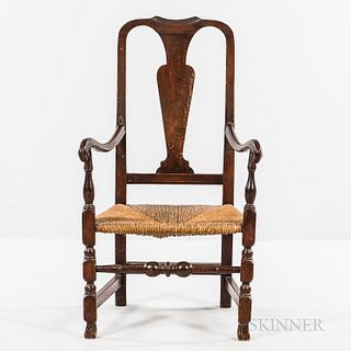 Queen Anne Maple Armchair, New England, 18th century, the yoked crest rail above a vasiform splat and raking stiles, with scrolled arms