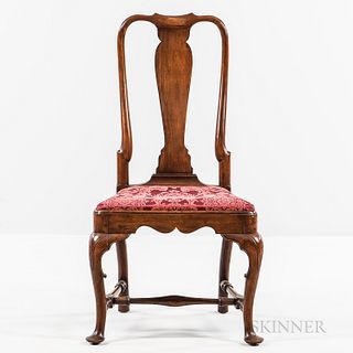 Queen Anne Carved Mahogany Side Chair, Rhode Island, c. 1750, the yoked crest rail above a vasiform splat and rounded stiles, with slip