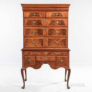 Queen Anne Maple and Walnut Veneer High Chest of Drawers, Massachusetts, c. 1730-50, the flat-molded cornice with drawer above a case o