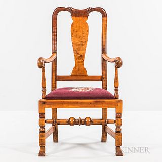 Queen Anne-style Tiger Maple Armchair, probably early 20th century, bench-made, the carved yoked crest rail above a vasiform splat and