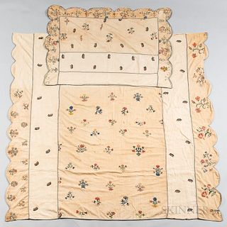 Embroidered Bed Cover and Matching Pillow Sham, probably England, 18th century, each with scalloped edges and embroidered flowers throu