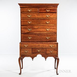 Queen Anne Cherry High Chest of Drawers, probably Massachusetts, c. 1740-60, the flat-molded cornice on a two-part case of ten thumb-mo